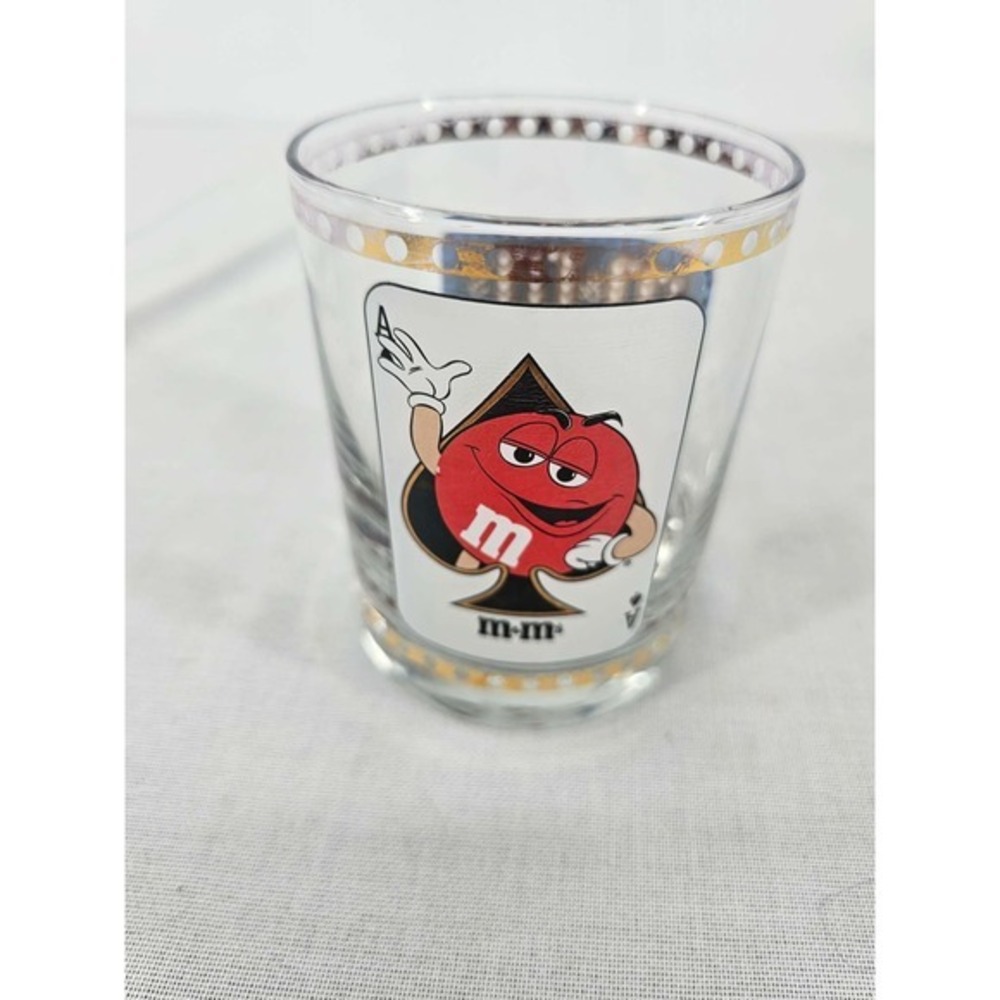 M&M's World Las Vegas 8oz. Glass Red M&M Ace of Spades Souvenir Clear Gold Trim
